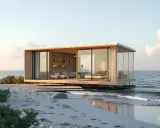 Nowoczesny dom z kontenerów na plaży, z przeszklonymi ścianami i widokiem na morze. Idealne miejsce na relaks.