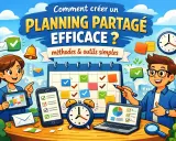 Des enfants joyeux apprennent à créer un planning partagé efficace avec des outils simples comme un calendrier, un téléphone et un ordinateur.