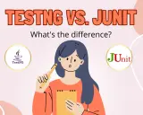 Ilustracja porównująca TestNG i JUnit, z dziewczyną trzymającą ołówek i notatnik.
