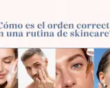 Cuatro personas mostrando pasos de una rutina skincare: limpieza, aplicación de crema, sérum y protector solar.