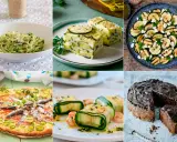 Variedad de recetas con calabacín: espaguetis, lasaña, ensalada a la parrilla, pizza, rollitos y pastel de chocolate.