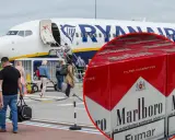 Pasażerowie wsiadają do samolotu Ryanair. W tle zbliżenie na paczki papierosów Marlboro, sugerujące pytanie: czy można mieć papierosy w bagażu podręcznym?