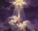 Dłoń wyłaniająca się z chmur dzierży lśniący miecz, symbolizujący króla mieczy tarot. Nad nim złoty wieniec laurowy i korona.