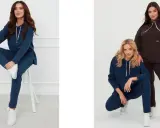 Trzy kobiety prezentują sportowa elegancja stylizacje w granatowych i brązowych dresach.