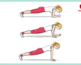 Illustrazione di una donna che esegue diversi tipi di plank: sul gomito, con mani a terra e in posizione alta.