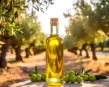 Aceite de oliva virgen extra en una botella, rodeado de aceitunas frescas y un olivar al atardecer. Pregúntate: ¿cuánto aceite da un olivo?