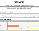 Wniosek o dofinansowanie „Czyste Powietrze” zawiera pola na dane wnioskodawcy, takie jak nazwisko, PESEL i dane kontaktowe. Wzór wniosku o wczasy pod gruszą nie jest widoczny.