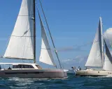 Deux voiliers naviguent sur une mer bleue. L'un est un catamaran gris moderne, l'autre un voilier blanc classique. Une belle journée pour déguster un voilier fruit de mer.