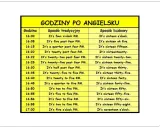 Tabela "Godziny po angielsku" pokazuje, jak mówić o czasie. Od 16:00 do 17:00, czyli od 4 po południu do 5 po południu.
