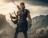Apollon mit Lyra und Bogen in felsiger Landschaft.
