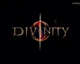 Złoty napis "DIVINITY" z centralnym, krwistoczerwonym symbolem, zapowiadający Divinity 3.