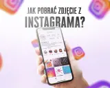 Ręka trzyma smartfon z profilem Instagrama. Tekst "Jak pobrać zdjęcie z Instagrama?" sugeruje poradnik.