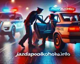Policjant zatrzymuje kierowcę. Na dachu radiowozu napis "JAZDA PO ALKOHOLU". To przypomnienie o **limicie alkoholu w Polsce**.