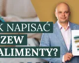 Mężczyzna w garniturze prezentuje dokument z napisem "Jak napisać pozew o alimenty?".