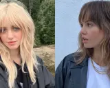 Dwie kobiety prezentują modne fryzury damskie półdługie: blond shag z grzywką i brązowe fale z grzywką.