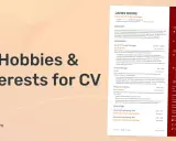 Grafika z tekstem "Hobbies & Interests for CV" na jasnym tle.