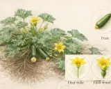 Plante de courgette avec ses fruits, ses racines et ses fleurs mâles et femelles. La fleur de courgette est jaune vif.
