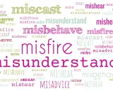 Prefix "co to" - słowa takie jak miscast, misfire, mishear, misbehave, misadvise, misundertand tworzą chmurę słów.