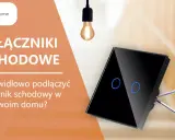 Schemat podłączenia wyłącznika schodowego. Nowoczesny, czarny włącznik z niebieskim podświetleniem i narzędzia do montażu.