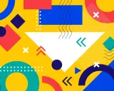 Kolorowe kształty geometryczne tworzą dynamiczne tło na wizytówkę.