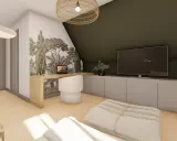 Bureau dans une chambre mansardée d'un coté, avec un mur végétal, une TV et un fauteuil confortable.