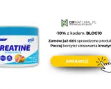 Opakowanie kreatyny monohydratu o smaku grejpfrutowym z ikonami korzyści.