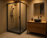 Moderno bagno con box doccia angolare e piatto doccia nero. Mobile lavabo in legno con lavabo nero e specchio.