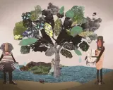 Figuras humanas de collage junto a un árbol garoe, recogiendo agua de lluvia.