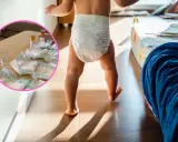 Dziecko w pieluszce idzie po pokoju. Na stole w okręgu leżą pieluchy i kieliszki.