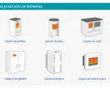 Ilustraciones de sistemas de calefacción que es: estufas y calderas de pellets y leña, y una cocina de leña.