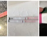 Tre positiva tidiga graviditetstest visar två rosa streck. Ett test ligger på en stenig yta, två på hushållspapper och ett i en vit hållare.