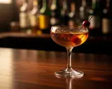 En klassisk manhattan drink med körsbär, serverad i ett elegant glas på en träbar.