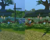 Porównanie grafiki w Sims 4 z różnymi sims 4 shaders. Widać krasnala na kurczaku i kwiaty.