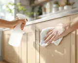 Ręka spryskuje szafki kuchenne płynem, a druga wyciera je ściereczką. Skuteczny sposób, czym myć szafki kuchenne z tłuszczu.