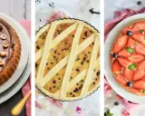 Tre deliziose torte senza glutine: una con cioccolato e nocciole, una crostata con gocce di cioccolato e una crostata di frutta fresca con fragole e mirtilli.