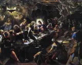 Le festin chez Simon le Pharisien, une œuvre de Jacopo di Robusti, dit Le Tintoret. Jésus est au centre, entouré d'anges et de convives.