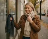 Uśmiechnięta blondynka w brązowej kurtce zastanawia się, jaki szal do brązowego płaszcza będzie najlepszy. Trzyma w dłoni szary szalik, a na szyi ma beżowy.
