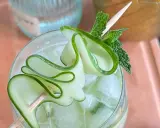 Un gin tonic concombre rafraîchissant, garni de fines lamelles de concombre en spirale et de feuilles de menthe fraîche.