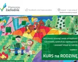 Kolorowy rysunek przedstawia szczęśliwą rodzinę patchworkową przy ognisku i dziewczynkę na koniu. Kurs na rodzinę!