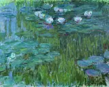 Vattenliljor i en damm, målade med Monet. Impressionistiskt verk med fokus på ljus och färg.