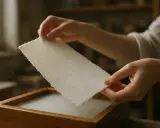 Ręce wyjmują świeżo zrobiony papier z drewnianej formy. Proces tworzenia papieru krok po kroku.