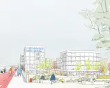 Skizze einer lebendigen Stadtentwicklung: Radwege, moderne Gebäude, die Stadtbibliothek Berlin Pankow und grüne Flächen symbolisieren eine gelungene urbane Transformation.