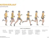Illustrationen zeigen Schritte des Ausdauerlaufs: aufrechte Haltung, Fußaufsatz auf dem Fußballen, Armschwung. Man kann fast auf der Stelle laufen.
