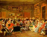 En samling män i 1700-talskläder diskuterar livligt i ett rum fyllt av konst. En scen som fångar upplysningens epok.