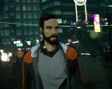 Mężczyzna w futurystycznym mieście, przypominającym gry podobne do Detroit: Become Human. Neonowe światła, tłum i nowoczesna architektura.