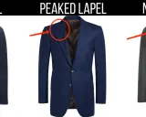 Three suit jackets are shown: one with a shawl lapel, one with a peaked lapel, and one with a notch lapel.