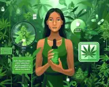 Une femme tient une bouteille d'huile de chanvre au milieu de plantes de cannabis. L'image illustre les bienfaits de l'huile de chanvre.