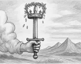 En hand håller ett svärd krönt med lagerkrans, symbol för andlig upplysning. Moln och berg i bakgrunden.
