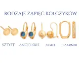 Różne rodzaje zapięć kolczyków: sztyft, angielskie, bigiel, szarnir. Złote kolczyki z kamieniami i cyrkoniami.