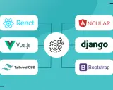 React, Vue.js, Angular, Django, Tailwind CSS, Bootstrap – popular frameworki javascript i narzędzia do tworzenia aplikacji.